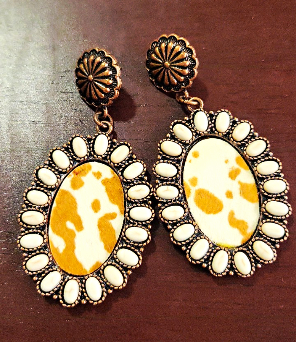 Western Cowgirl Cow Print Concho Earrings Ivory Beaded Oval Dangle Copper Tone